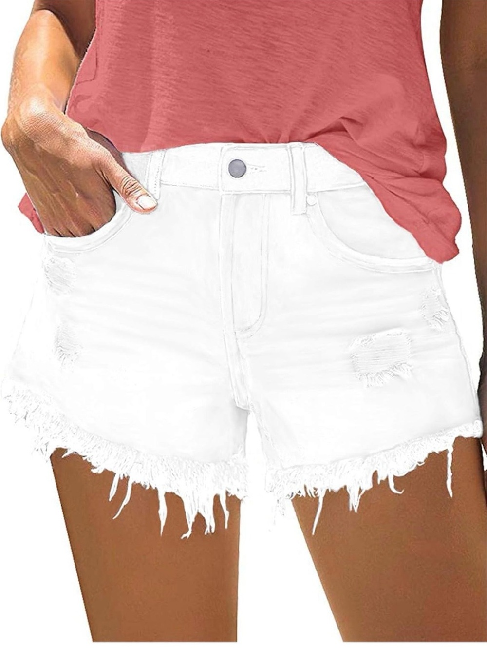 White Distressed Frayed Hem Women's Denim Shorts